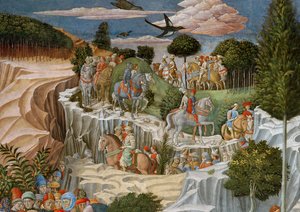 Prozession zu Pferd, die einen Hügel hinabsteigt, Detail aus dem Zyklus der Reise der Heiligen Drei Könige in der Kapelle, ca. 1460 (Detail) von Benozzo di Lese di Sandro Gozzoli