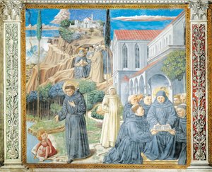 Der heilige Augustinus gibt den Mönchen die Regel und spricht mit dem Jesuskind über die Heilige Dreifaltigkeit (Detail aus den Geschichten des heiligen Augustinus)