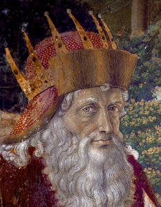 Die Reise der Heiligen Drei Könige. Prozession der Magier von Jerusalem nach Bethlehem, genannt „Viaggio dei Magi“ oder „Cavalcata dei Magi“ auf Italienisch. Detail, das Joseph Patriarch von Konstantinopel zwischen 1261 und 1276 darstellt. Fresko der Kapel