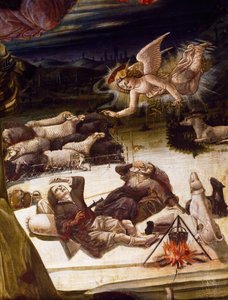 Ein Engel und Hirten, Detail vom Altarbild der Geburt Christi, von Benvenuto di Giovanni (1436-ca 1518)