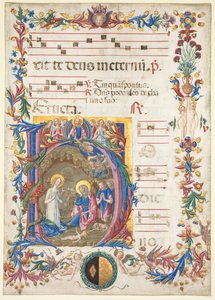 Einzelblatt aus einem Antiphonar: Initiale H[odie nobis] mit der Geburt Christi von Benvenuto di Giovanni
