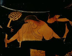 Attische rotfigurige Stamnos, dekoriert mit einer Szene einer Mänade, die Pentheus in einem dionysischen Opfer zerreißt, gefunden in Cerveteri, ca. 490-480 v. Chr. (Keramik)