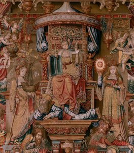 Flämischer Wandteppich. Serie Die Ehren. Glaube. Erster Wandteppich der Serie. Modell von Zeichnern aus dem Kreis von Bernard van Orley und Jan Gossaert (Mabuse). Herstellung Pieter van Aelst, Brüssel. Ca. 1550. Stoff Gold, Silber, Seide und Wolle.