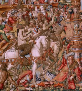 Flämischer Wandteppich. Serie Die Ehren. Schande. Sechster Wandteppich der Serie. Modell von Zeichnern aus dem Kreis von Bernard van Orley und Jan Gossaert (Mabuse). Herstellung Pieter van Aelst, Brüssel. Ca. 1550. Stoff Gold, Silber, Seide und Wolle.