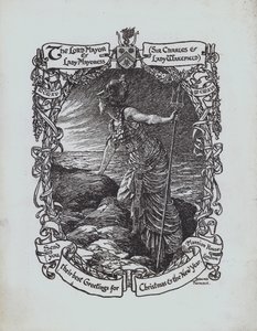 Britannia blickt aufs Meer, Weihnachtsgrußkarte des Ersten Weltkriegs vom Bürgermeister und der Bürgermeisterin von London, Sir Charles und Lady Wakefield