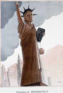 Karikatur von Franklin Roosevelt in der Freiheitsstatue - Illustration von Bernard Becan (Bernhard Kahn) (1890-1943) In „Fantasio“ vom 01.12.1932 von Bernard Becan