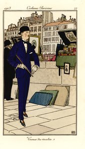 Mann im Anzug, Melone und Spazierstock geht an Bouquinisten an der Seine vorbei. Tenue du matin. Handkolorierte Pochoir (Schablonen) Radierung nach einer Illustration von Bernard Boutet de Monvel aus Tommaso Antonginis Journal des Dames et des Modes, Aux B von Bernard Boutet de Monvel