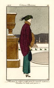 Frau im violetten Samtumhang mit Fuchspelzbesatz, Anzug aus flaschengrünem Wollstoff, Gamaschen. Handkolorierte Pochoir-Radierung nach einer Illustration von Bernard Boutet de Monvel von Bernard Boutet de Monvel