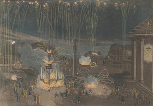 Eine perfekte Beschreibung des Feuerwerks in Covent Garden, das auf Kosten von..., 1809 durchgeführt wurde von Bernard Lens