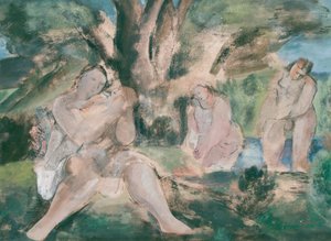 Drei Frauen und ein Kind baden unter einem Baum von Bernard Meninsky