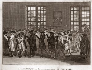 Eine Versammlung jüdischer Trauernder, die die „Acafoth“ bei einer Beerdigung durchführen Gravur aus „Illustration de cérémonies et coutumes religieuses de tous les peuples du monde“ von Bernard Picart (1723-1743) 1819 Privatsammlung von Bernard Picart