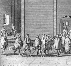 Verschiedene Phasen des Konklaves, Treffen der Kardinäle zur Wahl eines neuen Papstes: die Rationen werden während des Konklaves gemacht (Vatikan: Ankunft von Lebensmitteln während des Konklaves) Gravur aus „Illustration religiöser Zeremonien und Bräuche a von Bernard Picart