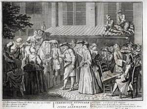 Jüdische Hochzeit in der jüdisch-deutschen Gemeinde) Gravur aus "Illustration religiöser Zeremonien und Bräuche aller Völker der Welt" von Bernard Picart (1723-1743) von Bernard Picart