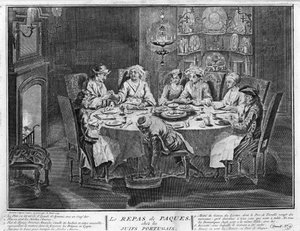 Judentum: Passahfest (oder Pesach) in der jüdischen portugiesischen Gemeinde Gravur aus "Illustration der Zeremonien und religiösen Bräuche aller Völker der Welt" von Bernard Picart (1723-1743) 1819 Private Sammlung von Bernard Picart
