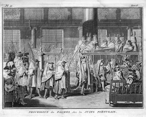 Judentum: Prozession der Palmen, gefeiert in der jüdisch-portugiesischen Gemeinde Gravur aus „Illustration de cérémonies et coutumes religieuses de tous les peuples du monde“ von Bernard Picart (1723-1743) 1819 Privatsammlung