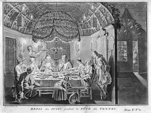 Judentum: Mahlzeit für das jüdische Volk während des Sukkotfestes) Gravur aus "Illustration religiöser Zeremonien und Bräuche aller Völker der Welt" von Bernard Picart (1723-1743) von Bernard Picart