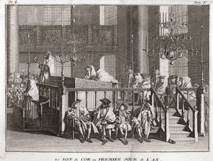 Judentum: der Klang des Horns am ersten Tag des Jahres (Klang des Schofars an Rosch ha-Schana) (Jüdisches Neujahrsfest: Blasen des Schofarhorns an Rosch Haschana) Gravur aus „Illustration religiöser Zeremonien und Bräuche aller Völker“ von Bernard Picart