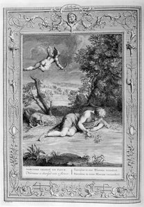 Narziss verliebt in sein eigenes Spiegelbild, 1733 von Bernard Picart