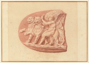 Eines von vier Studien nach Kameen, drei mit klassischen Profilporträts und eines mit einem fragmentarischen Relief von Amor und zwei Löwen, die einen Wagen ziehen von Bernard Picart