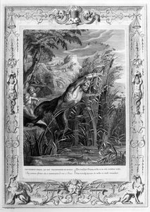 Pan verfolgt Syrinx, die in ein Schilfrohr verwandelt wird, 1733 von Bernard Picart