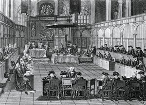 Protestantische Synode, die 1730 in der Nieuwe Kerk (Neue Kirche) in Amsterdam, Niederlande, abgehalten wurde, Gravur von Bernard Picart (1673-1733) von Bernard Picart