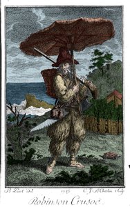 Darstellung von Robinson Crusoe auf seiner einsamen Insel. Gravur von Bernard Picart zur Illustration des Romans von Daniel Defoe von Bernard Picart