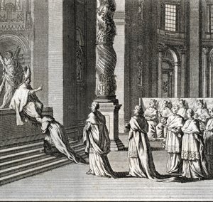 Feierliche Inauguration des Pontifikats (Papstverehrung am großen Altar von St. Peter, Vatikan) Gravur aus Illustration religiöser Zeremonien und Bräuche