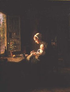 Mutter und Kind in einem Innenraum am Fenster