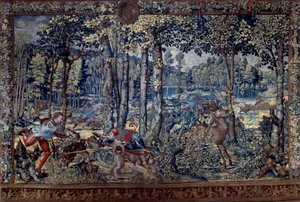 Die schönen Jagden von Guise: August, die Jungfrau, die Hirschjagd, die Brutstätten - Wandteppich von Bernard van Orley