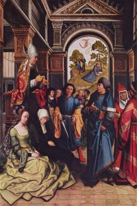 Predigt des Hl. Ambrosius draußen: Zwei stehende heilige Bischöfe von Bernard van Orley