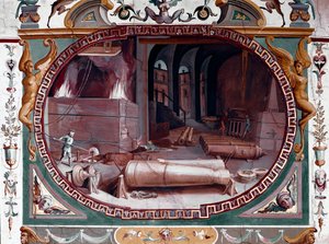 Darstellung der Werkstatt einer Kanonengießerei. Fresko von Bernardino Barbatelli genannt Poccetti von Bernardino Barbatelli Poccetti