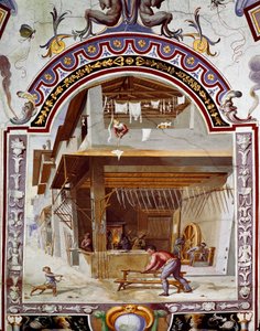 Darstellung der Werkstatt eines Waffenschmieds (Fresko von Bernardino Barbatelli)