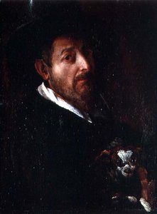 Selbstporträt mit einem Hund (Öl auf Leinwand) von Bernardino Barbatelli Poccetti
