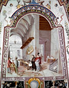 Ansicht einer Architektenwerkstatt. Fresko von Bernardino Barbatelli genannt il Poccetti (1548-1612) 17. Jahrhundert. Galleria degli Uffizi, Florenz