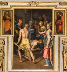 Kapelle Unserer Lieben Frau vom Volk, Zweites nördliches Joch, Enthauptung des Täufers 1569, An den Seiten St. Peter und St. Paul 1520-30 von Bernardino Campi