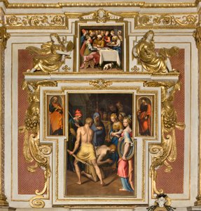 Kapelle Unserer Lieben Frau vom Volk, Zweites nördliches Joch, Enthauptung des Täufers 1569, An den Seiten St. Peter und St. Paul 1520-30, Festmahl des Herodes 1569 von Bernardino Campi