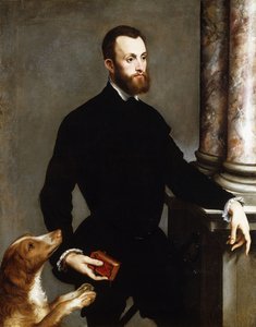 Porträt eines Gentlemans, stehend in Dreiviertellänge, in einem schwarzen Kostüm und ein Buch haltend von Bernardino Campi