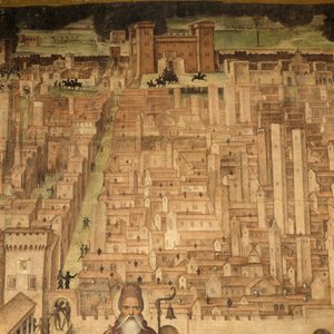 St. Antonius und Ansicht von Pavia, Detail aus dem Zyklus Geschichten von St. Theodor, Fresken von Bernardino Lanzani (1460-1530 ca), St. Theodors Kirche, Pavia, Lombardei, Italien von Bernardino Lanzani da San Colombano