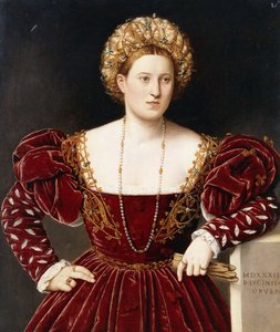 Porträt einer Dame, dreiviertellang, in einem burgunderroten Kleid mit geschlitzten Ärmeln, Handschuhe haltend