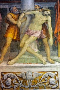 Jesus an die Säule gebunden, Fresko von Bernardino Luini in der Kirche von Saint Maurice im Maggiore-Kloster, Mailand, Lombardei, Italien von Bernardino Luini