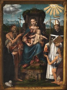 Jungfrau und Kind auf dem Thron mit Johannes dem Täufer, Heiliger Antoninus, einer weiblichen Stifterin und einem Bettler