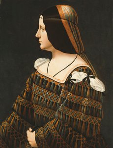 Porträt einer Dame, Halbfigur, im Profil, in einem schwarzen Kleid mit Spitze verziert, mit Quasten und geschlitzten Schultern und einem orange-grauen Haarnetz