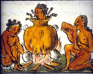 Ritueller Kannibalismus bei den Azteken. Manuskript von Bernardino de Sahagun. 17. Jahrhundert. (Detail) von Bernardino de Sahagun