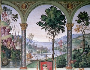 Hintergrundlandschaft durch die Loggia gesehen (Detail) von Bernardino di Betto Pinturicchio