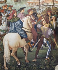 Enea Silvio Piccolomini auf dem Weg nach Basel als Sekretär des Bischofs von Ferrara, Detail aus den Geschichten von Pius II