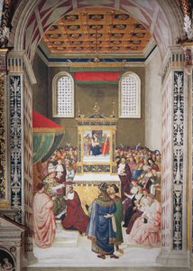 Italien, Siena, Kathedrale, Piccolomini-Bibliothek, Enea Silvio Piccolomini erhält den Kardinalshut von Calixtus III., Detail aus Geschichten von Pius II. von Bernardino di Betto Pinturicchio