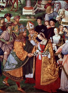 Der Dichter Enee Silvio Piccolomini stellt Eleonore von Portugal Kaiser Friedrich III. des Heiligen Römischen Reiches am Camollia-Tor vor. Detail aus dem Leben von Papst Pius II. (Fresko) von Bernardino di Betto Pinturicchio