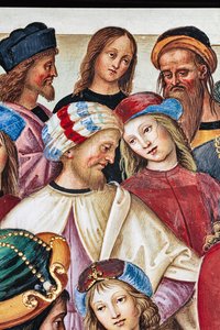 Die Piccolomini-Bibliothek, Nordostwand: Aeneas Sylvius hält eine Rede vor König Jakob I. von Schottland, Winter 1435