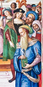 Die Piccolomini-Bibliothek, Nordostwand: „Aeneas Sylvius hält eine Rede vor König Jakob I. von Schottland, Winter 1435“ von Bernardino di Betto Pinturicchio