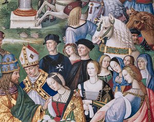Die Piccolomini-Bibliothek, Südostwand: „Aeneas Sylvius stellt Eleonora von Aragon dem Friedrich III. vor, 24. Februar von Bernardino di Betto Pinturicchio